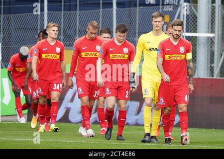 Odense, Danemark. 20 septembre 2020. Les joueurs du FC Nordsjaelland entrent sur le terrain pour le match 3F Superliga entre Odense Boldklub et le FC Nordsjaelland au parc d'énergie nature à Odense. (Crédit photo : Gonzales photo/Alamy Live News Banque D'Images