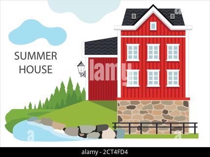 Rouge classique ancienne maison suédoise typique dans la forêt. Illustration vectorielle. Conception plate bâtiments typiques vieilles maisons européennes. Conception pour l'arrière-plan Illustration de Vecteur