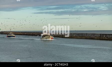Saint-Gilles-Croix-de-vie, à Vendée, un bateau de pêche typique retournant au port le matin Banque D'Images