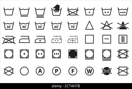 Symboles de lavage. Ensemble complet d'icônes de lessive, lavage à la main, lave-linge, étiquette, fer à repasser, entretien. Icônes de lavage. Illustration vectorielle. Illustration de Vecteur