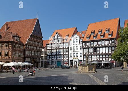 Hall de guilde des boulangers (à gauche) et hall de guilde des bouchers (deuxième à gauche), place du marché, Hildesheim, Basse-Saxe, Allemagne Banque D'Images