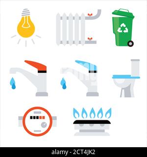 Icône ensemble de vecteurs. Dans ferme, des icônes de couleur telles que l'ampoule, le gaz, les toilettes, le robinet d'eau, la poubelle, la batterie, le chauffage domestique et les icônes de système de refroidissement sont définies. Illustration de Vecteur