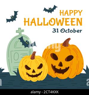 Carte d'invitation de fête d'Halloween pour les vacances. Citrouille et chauves-souris, fantômes. Illustration vectorielle. Illustration de Vecteur