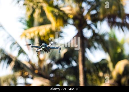 Vol d'un drone aérien pour la photographie et la vidéographie sur un plage tropicale avec palmiers Banque D'Images