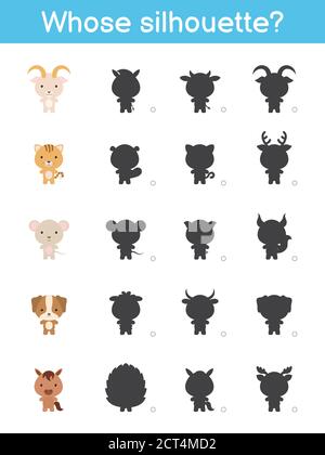 Dont le modèle de jeu de silhouette. Jeu assorti pour les enfants avec des animaux de dessin animé domestiques. Page d'activités pour enfants. Feuille de travail de développement de l'éducation. Logique Illustration de Vecteur