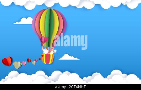 Couple heureux en ballon d'air chaud, illustration de papier vectoriel coupé Illustration de Vecteur