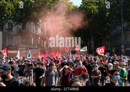 Le 17/09/2020, Lyon, Auvergne-Rhône-Alpes, France. Une intersyndicale (CGT, solidaires et FSU) a appelé à une manifestation en France le jeudi 17 septembre Banque D'Images