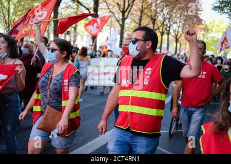 Le 17/09/2020, Lyon, Auvergne-Rhône-Alpes, France. Une intersyndicale (CGT, solidaires et FSU) a appelé à une manifestation en France le jeudi 17 septembre Banque D'Images