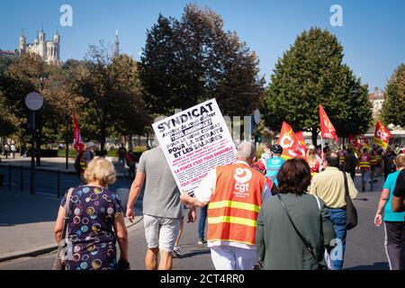 Le 17/09/2020, Lyon, Auvergne-Rhône-Alpes, France. Une intersyndicale (CGT, solidaires et FSU) a appelé à une manifestation en France le jeudi 17 septembre Banque D'Images