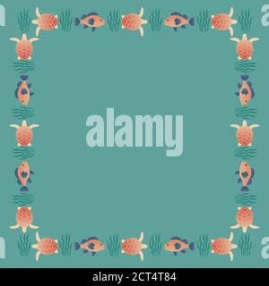 Cadre carré avec poissons et tortues nageant dans la mer. Contexte de la vie marine. Vecteur EPS10. Illustration de Vecteur