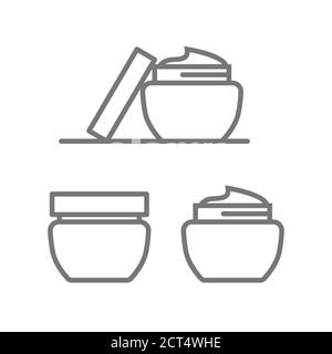 Pot de crème. Ensemble d'icônes de soins de la peau à lignes plates Illustration de Vecteur