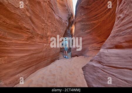 Randonneur à Spooky Gulch, un canyon à créneaux, secteur du banc de Weed tôt, BLM Land, anciennement partie du monument national Grand Staircase Escalante, Utah, États-Unis Banque D'Images