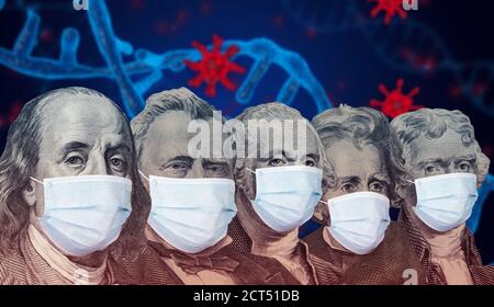 Différents présidents américains des billets de banque en dollars avec un masque facial Banque D'Images