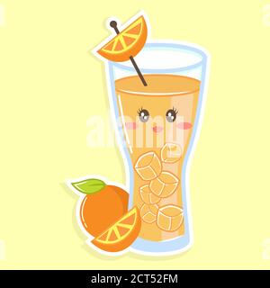 Illustration vectorielle simple du jus d'orange. Joli personnage. Beau visage. Fruits frais. Cube de glace. Boisson fraîche. Une vie saine. Une alimentation saine. Illustration de Vecteur