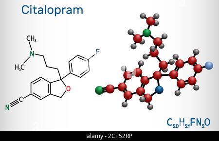 Citalopram, molécule C20H21FN2O. Il est un antidépresseur, la classe sélective d'inhibiteur de reuptake de sérotonine (SSRI), est largement utilisé pour traiter les symptômes de depres Illustration de Vecteur