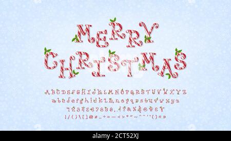 Joyeux Noël, voeux pour les fêtes. Dessin animé alphabet de canne à sucre avec décoration de GUI. Police vectorielle curly, majuscules et minuscules, chiffres Illustration de Vecteur
