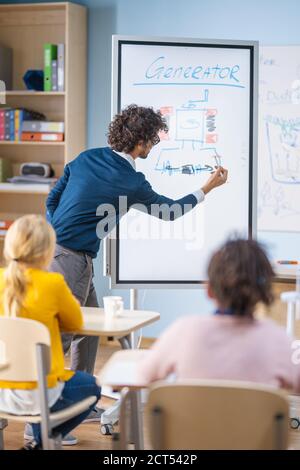 Le professeur de physique de l'école élémentaire utilise le tableau blanc numérique interactif pour montrer À une salle de classe pleine de Smart divers enfants comment Generator Fonctionne Banque D'Images