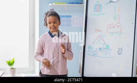 Cours de sciences à l'école élémentaire : Portrait de Cute Girl utilise un tableau blanc numérique interactif pour montrer à une salle de classe comment fonctionne l'énergie renouvelable Banque D'Images