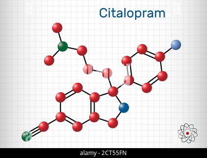 Citalopram, molécule C20H21FN2O. Il est un antidépresseur, la classe sélective d'inhibiteur de reuptake de sérotonine (SSRI), est largement utilisé pour traiter les symptômes de la dpe Illustration de Vecteur