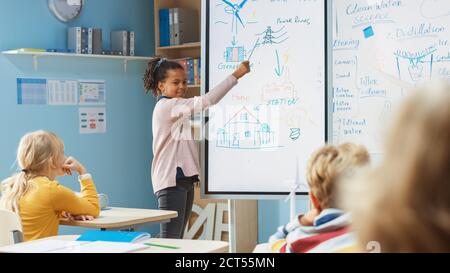 Cours de sciences à l'école élémentaire : Cute Girl utilise un tableau blanc numérique interactif pour montrer à une classe pleine de camarades de classe comment fonctionne l'énergie renouvelable Banque D'Images