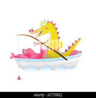 Crocodile d'alligator pour bébé avec canne à pêche en bateau Illustration de Vecteur