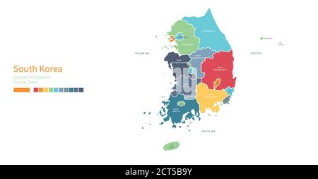 Carte de la Corée du Sud. Carte vectorielle détaillée et colorée du pays d'Asie. Illustration de Vecteur