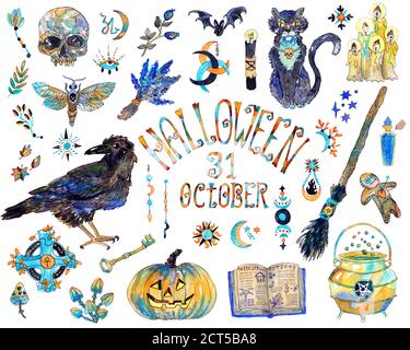 Ensemble de motifs d'Halloween avec symboles traditionnels des fêtes et objets sorcières - corbeau, balai, chat, citrouille, crâne et éléments. Illustrateur coloré dessiné à la main Banque D'Images