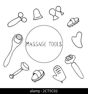 Outils de massage. Masseurs pour le visage et le corps. Equipement de drainage, de levage de serrage de la peau et de santé. Brosses anti-cellulite, rouleaux de massage et Illustration de Vecteur