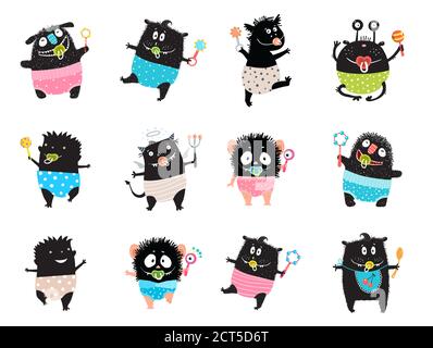 Ensemble de personnages Monster Kid Doodle Black Monsters Illustration de Vecteur