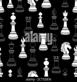 Chess pieces sans couture motif, chessmen plat noir et blanc dessin, silhouette. Personnages pion, roi, reine, évêque, chevalier, rook sur fond noir, Illustration de Vecteur