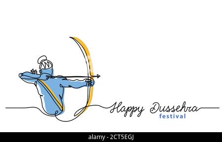 Arrière-plan simple de Dussehra avec arc, flèche et lord Rama. Un dessin continu avec lettrage Happy Dussehra. Bannière vectorielle, arrière-plan, esquisse Illustration de Vecteur