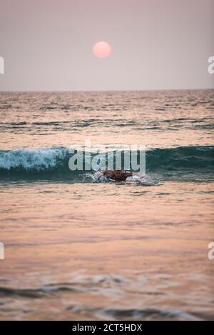 Surf au coucher du soleil à Paradise Beach (SAR SAR AW Beach), péninsule de Dawei, région de Tanintharyi, Myanmar (Birmanie) Banque D'Images