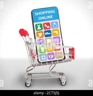 Acheter des marchandises en ligne. Smartphone avec application de boutique mobile vendant différents articles ménagers dans un panier, collage Banque D'Images