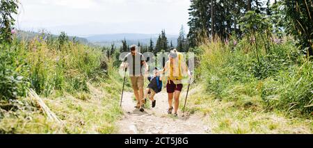 Famille avec petit fils randonnée en plein air en été nature. Banque D'Images