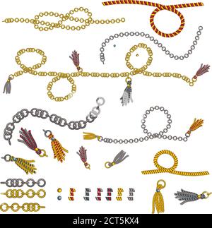 Ensemble sur chaînes brides tresses et pendentif bijoux imprimé sur les sangles en tissu, les fermoirs lanières chaînette noeuds nautiques et cordes années 80 opulence Illustration de Vecteur