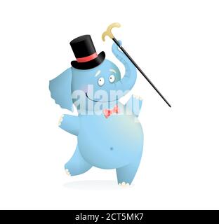 Blue Funny Elephant porter un chapeau avec Cane Cartoon Illustration de Vecteur