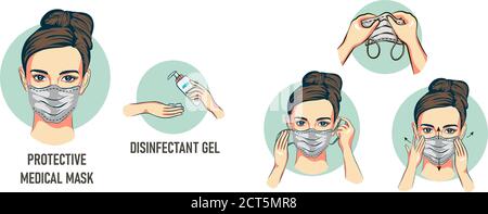 femme bâillonne avec geste d'inquiétude. Santé des femmes porter un masque de protection contre les maladies infectieuses et la grippe. Arrêtez l'infection. Concept de soins de santé. VEC Illustration de Vecteur