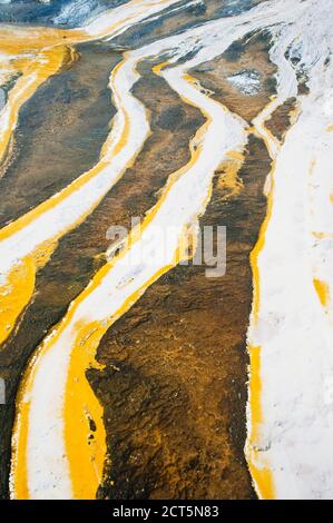 Motifs jaunes dans la Palette de l'artiste sur la terrasse Rainbow à Orakei Korako Geyserland, la vallée cachée, Île du Nord, Nouvelle-Zélande Banque D'Images