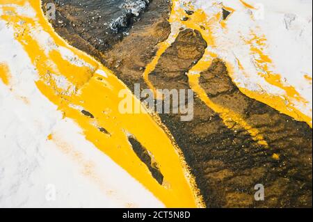 Motifs jaunes dans la Palette de l'artiste sur la terrasse Rainbow à Orakei Korako Geyserland, la vallée cachée, Île du Nord, Nouvelle-Zélande Banque D'Images