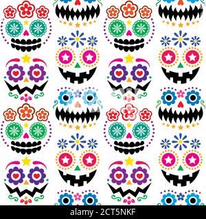 Halloween et Dia de los Muertos crânes et visages de citrouille Motif vectoriel sans couture - couleur sucre mexicain style crâne message conception Illustration de Vecteur