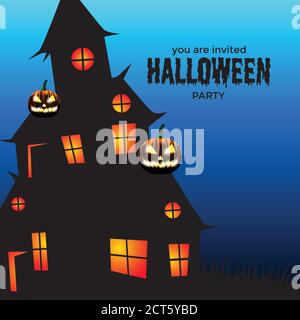 Modèle d'invitation de fête d'Halloween avec illustration Maison effrayante Illustration de Vecteur