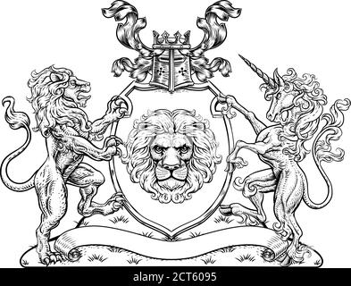 Manteau d'armoiries Unicorn Lion Crest Shield Family Seal Illustration de Vecteur