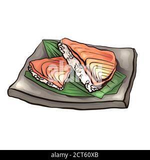 Illustration de dessin animé à colorier de la nourriture japonaise avec du riz et du saumon sur l'assiette. Elément vectoriel pour le menu, la carte et votre créativité. Illustration de Vecteur
