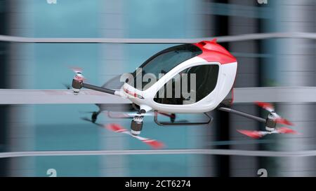 Drone passager électrique volant en face de bâtiments. C'est un modèle 3D et n'existe pas dans la vie réelle. 3D illustration Banque D'Images