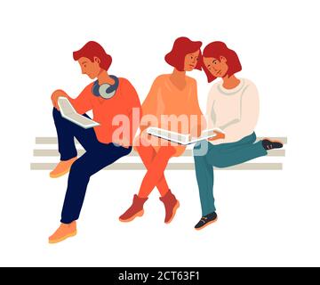 Groupe de jeunes lisant des livres sur le banc, l'apprentissage et le concept d'éducation. Illustration de Vecteur