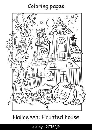 Pages de coloriage de vecteur drôle hanté maison avec la citrouille. Concept Halloween. Illustration de contour de dessin animé isolée sur fond blanc. Livre de coloriage pour Illustration de Vecteur