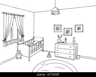 Chambre bébé noir blanc intérieur graphique art dessin illustration vecteur Illustration de Vecteur