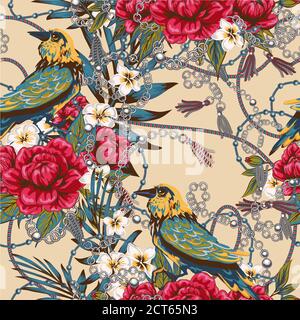 Motif d'élégance avec fleurs et oiseaux splendeur des années 80, chic oiseau chaînes fleurs magnifique fond dans le style cher Illustration de Vecteur