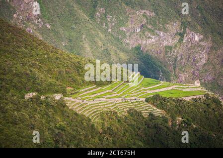 Machu Picchu Inca ruines vues de Sun Gate (Inti Punku ou Intipuncu), région de Cusco, Pérou, Amérique du Sud Banque D'Images