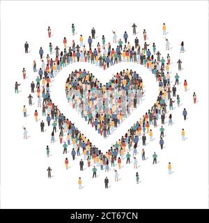 Grand groupe de personnes formant le symbole de la forme du cœur humain, illustration vectorielle plate. Symbole d'amour, d'appréciation. Illustration de Vecteur